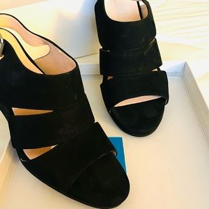 TARYN ROSE black suede fisherman wedges